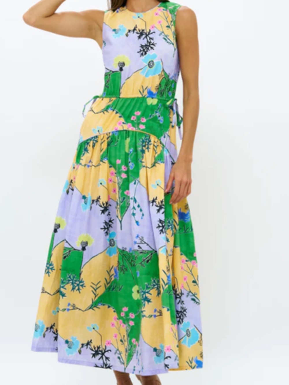 Oliphant Dress Maxi M Floral Patchwork Sundress drop waist piping pleated green